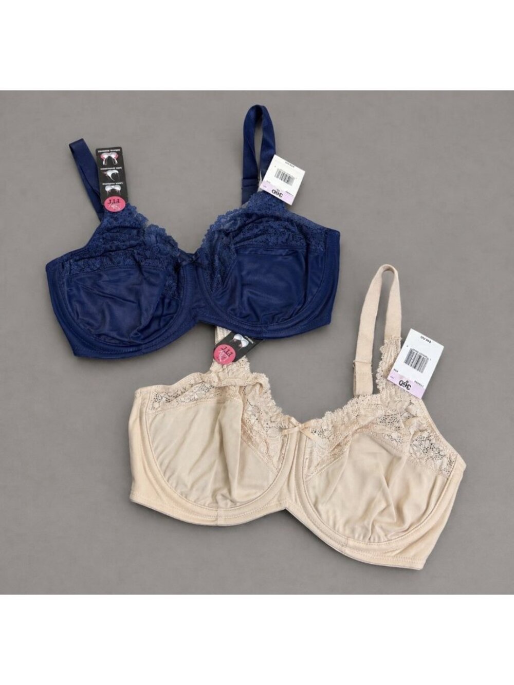 NWT LILYETTE Size 36D Underwire Minimizer Bras, Lot of 2, Navy Blue/Beige LY0428